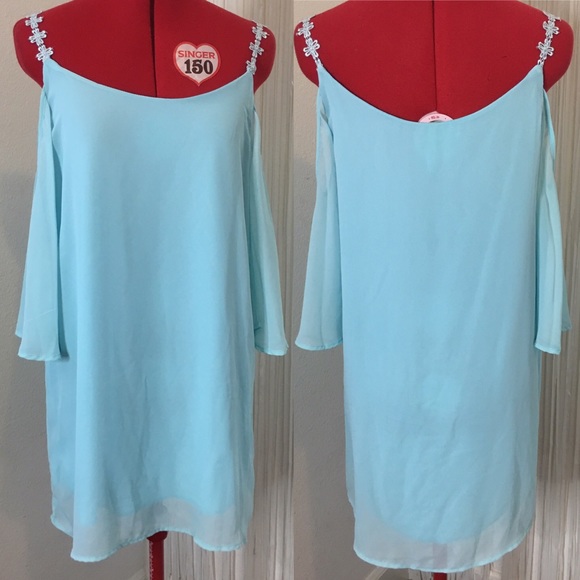 Womens Blue Cold Bell Sleeve Summer Beach Dress M